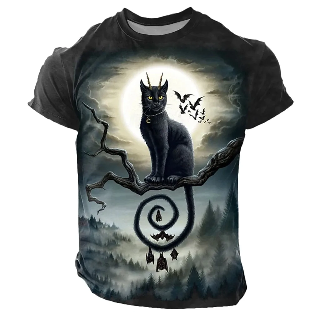 Men's Retro Halloween T-Shirt 3D Printed Black Cat Pattern, Summer Loose Short-Sleeved, Casual Daily Outdoor Family Sports Shirt