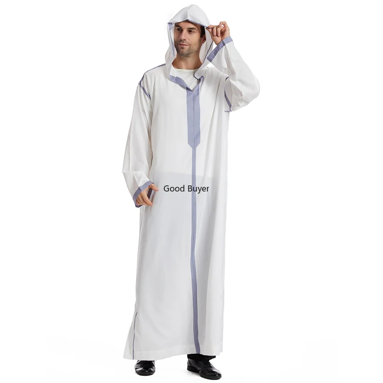 Abbigliamento tradizionale musulmano Eid Medio Oriente Jubba Thobe Uomo Abito con cappuccio Abito arabo islamico Poly Cotton Jilabiya Khaleeji Caftano