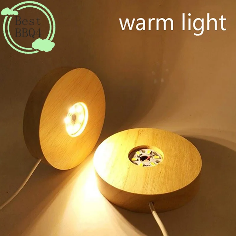 (BBQ4)USB Wooden LED Light Dispaly Base Wooden Night Lamp Base Rotating Display Stand Holder Crystal Glass Resin Ornament