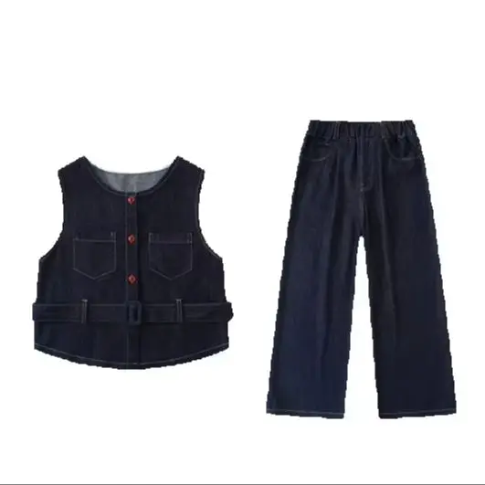 

Модный жилет и широкие брюки, костюм из 2 предметов, детская одежда для подростков, джинсовый комплект для девочек, новинка 2023 года, весна-осень, дети