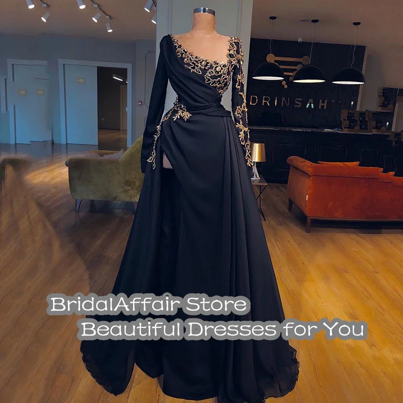 BridalAffair Arabic A Line Evening Dress Long Sleeves Morocco Satin High Split Lace Appliques Prom Dresses Long Women Party Gown