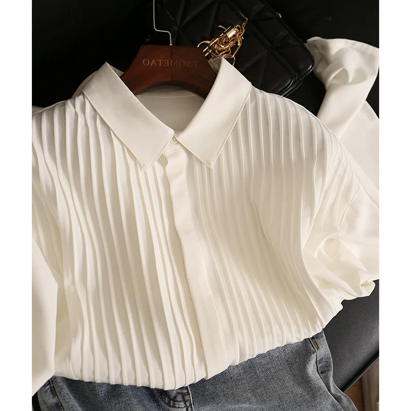 Plus Size Long Sleeve Shirt Sweet Women Elegant Design Office Lady Solid White Wrinkles Shirts for Women Spring Autumn Summer