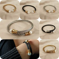 New double ball pearl stainless steel bracelet, twisted steel wire design, punk style jewelry, birthday gift
