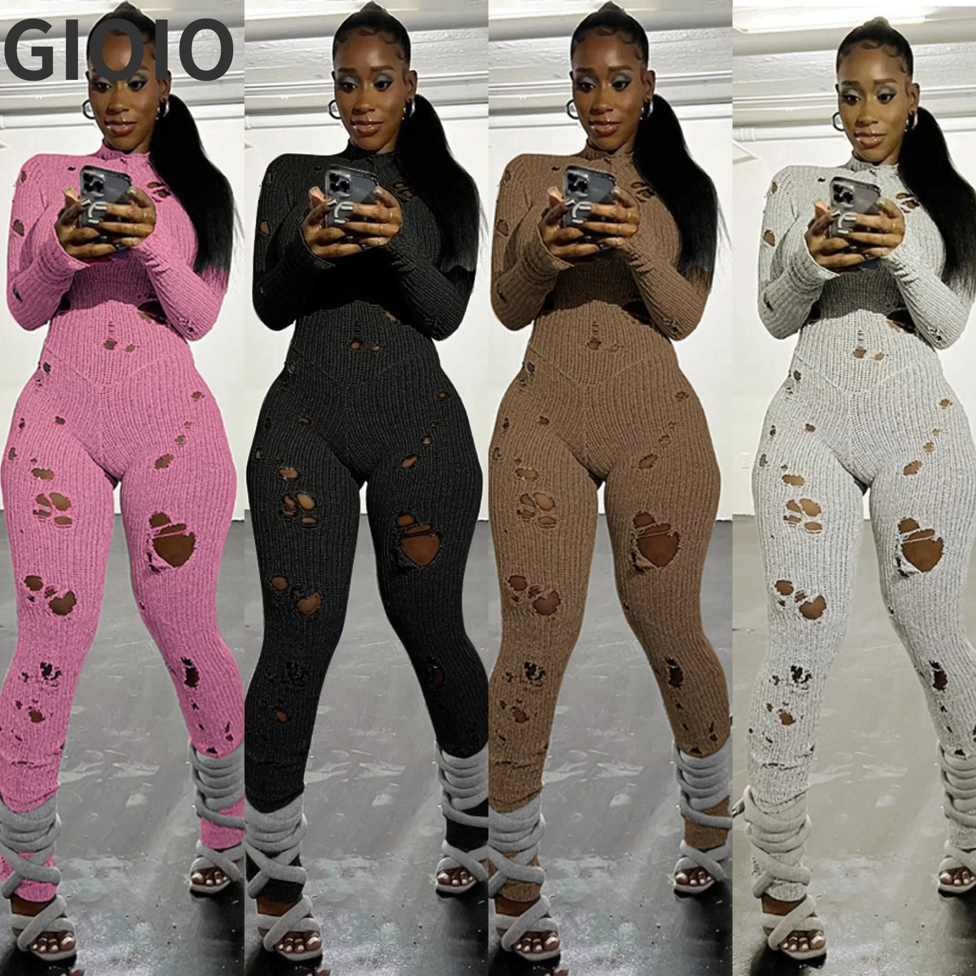 

GIOIO Lady Streetwear Slim Plain Ripped Stand Collar Distressed Cut Out Knit Bodycon Casual Women Grey Long Sleeve Jumpsuit