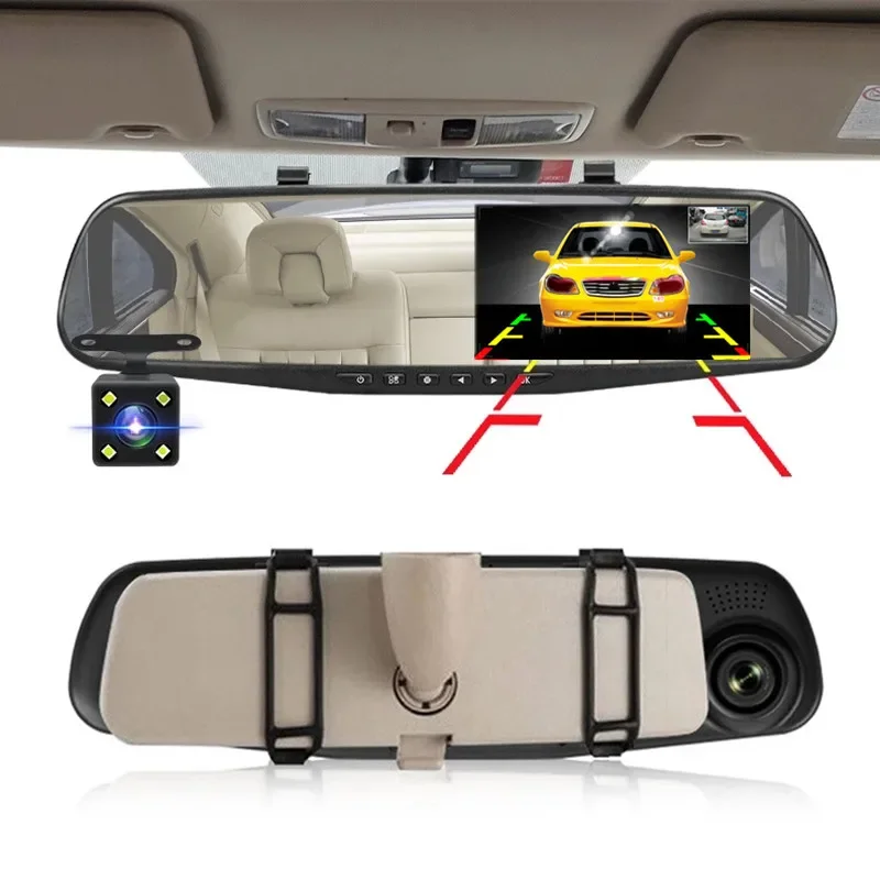 4.3 Inch Driving Recorder Car DVR Rearview Mirror Dual Lens Car Recorder 1080P IPS Front and Rear Camera Registrar Black Box2023