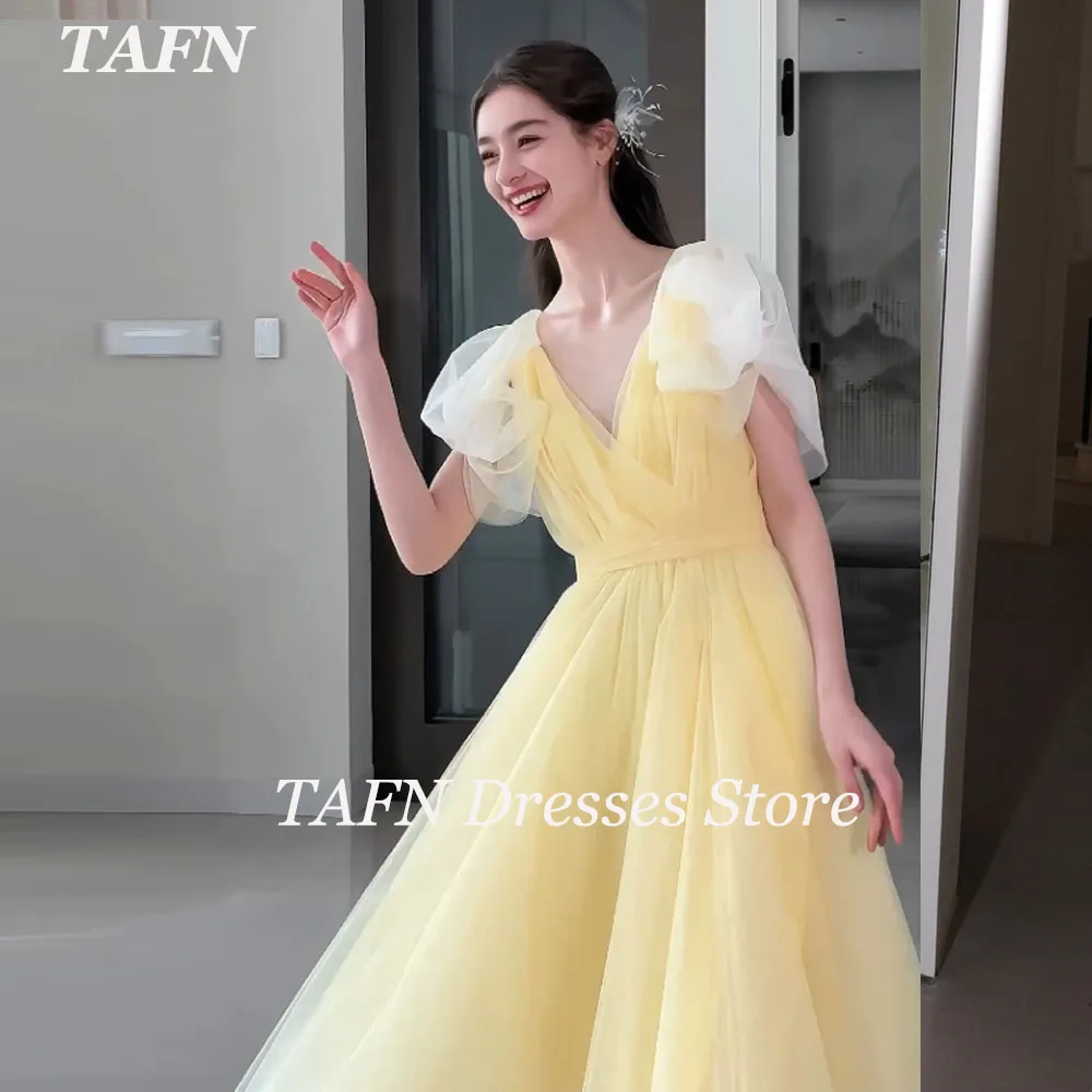 

TAFN Light Yellow Korea Wedding Dresses A-line Tulle V-Neck Sleeveless Photo Shoot Bridal Gown Custom Made Sweep Train Dresses