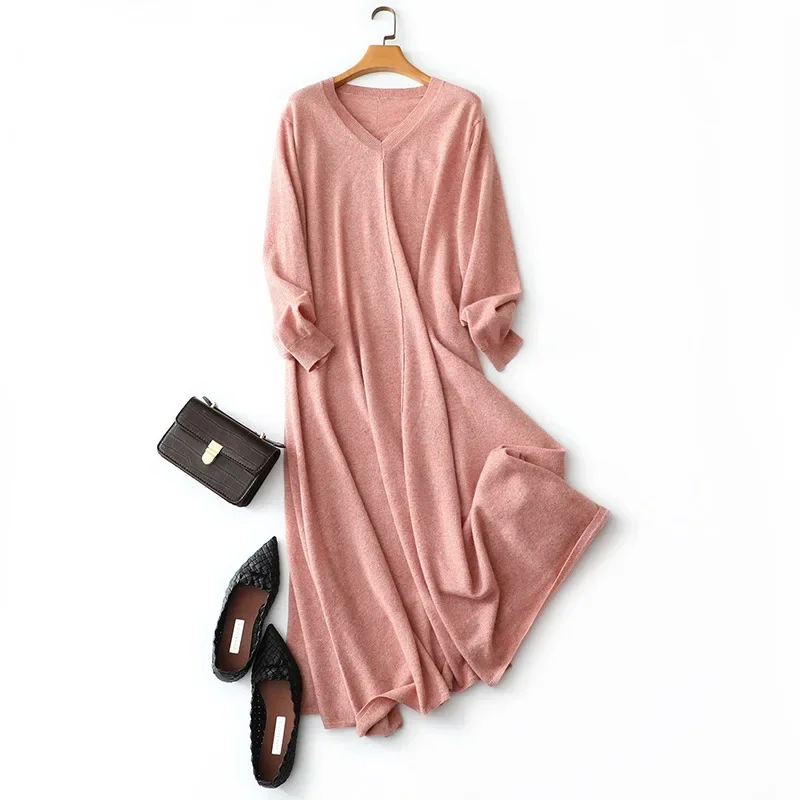 

aliaga autumn winter new style pink v neck womens 100% cashmere sweater dress