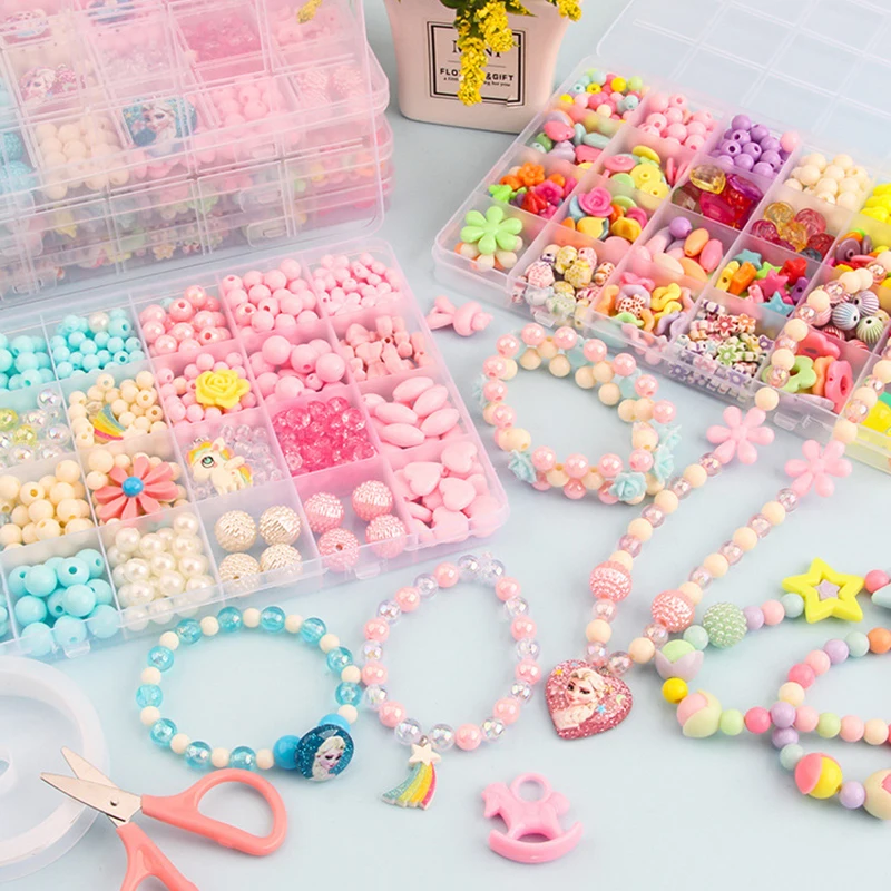 DIY手作りビーズ子供のおもちゃ、クリエイティブなルーズスペーサービーズ、ブレスレットネックレス作り、24グリッド、女の子用ジュエリーセット、女の子用おもちゃギフト