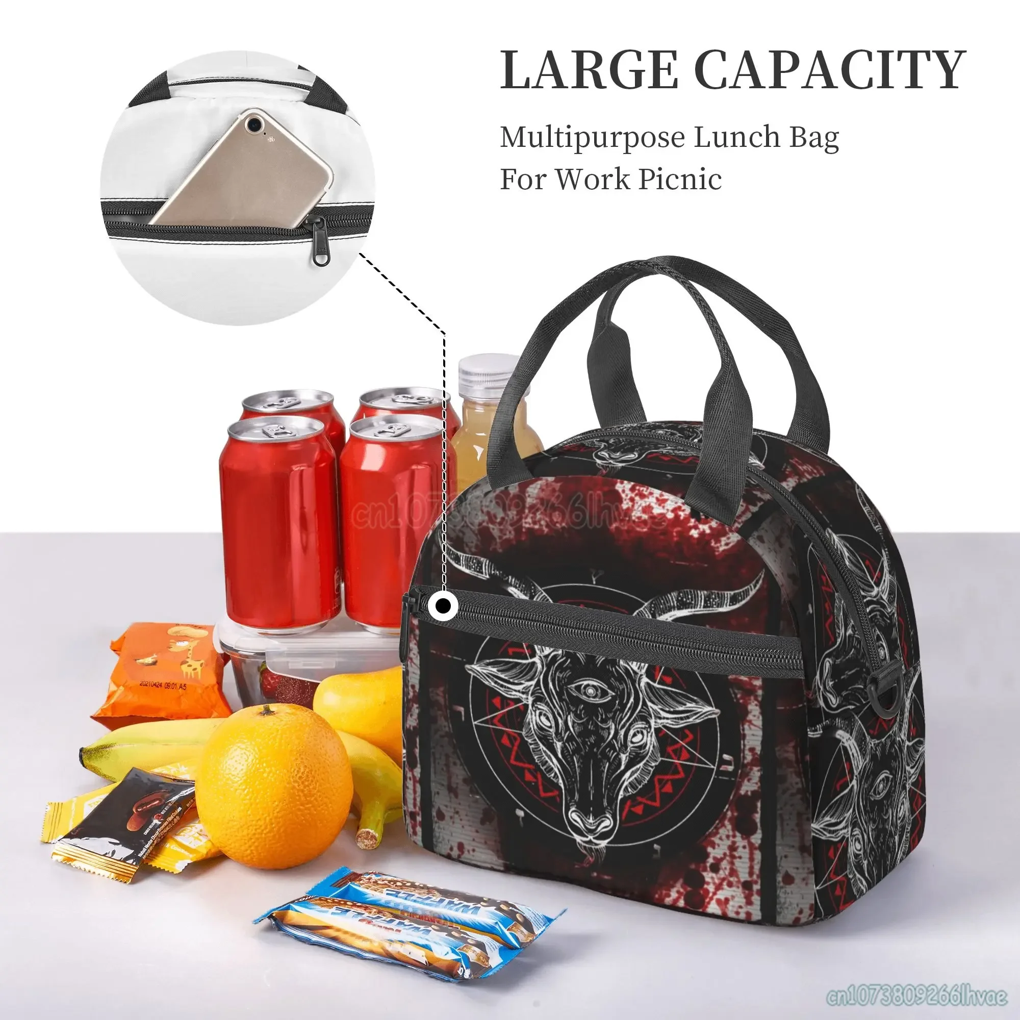 Pentagram With Demon Baphomet Satanic Goat Head Insulated Lunch Bag Portable Bento Fruits Fresh Storage Pouch Thermal Tote Bags