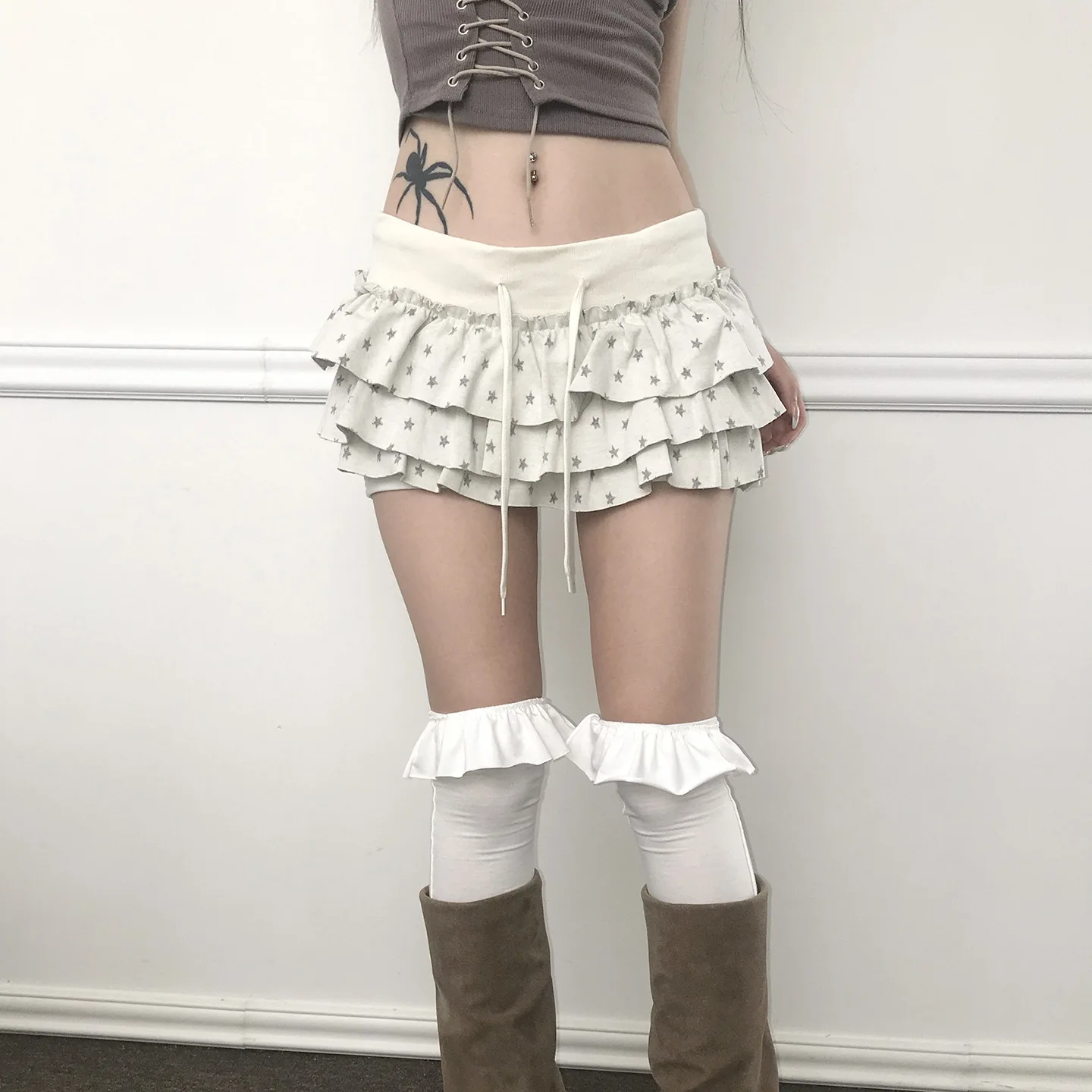 Star Printing Contrasting Color Elastic Double-layer Cake Skirt Y2k Skirt