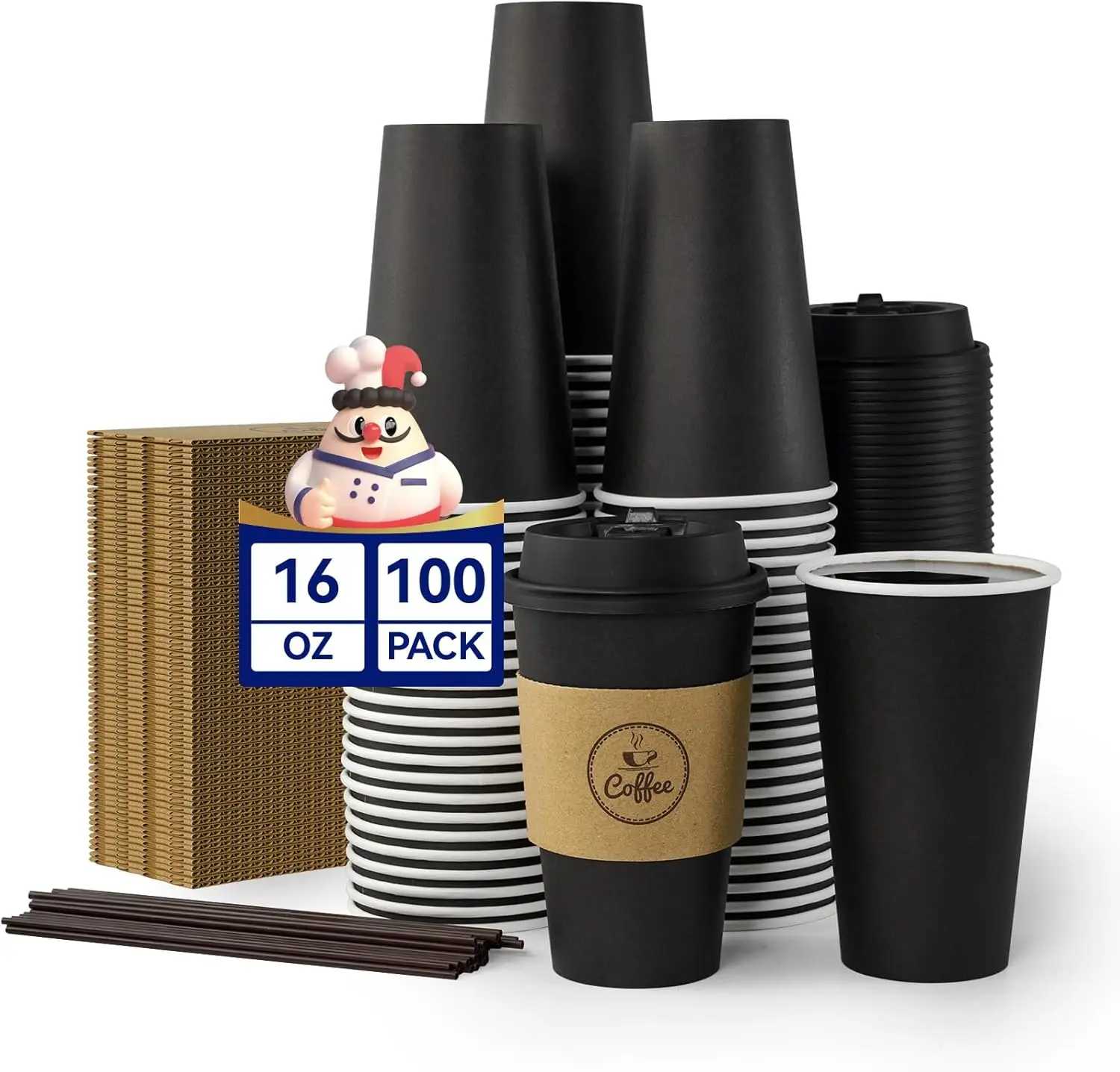 

16 oz Coffee Cups-100 Pack, Disposable Black Hot Paper Cups with Lids, Sleeves and Stirrers for all Kinds of Beverages
