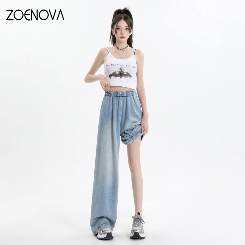 ZOENOVA Summer Y2K Lyocell Women\'s Jeans High Waist Straight Fashion Denim Pants Streetwear Casual Female Wide Leg Denim Trouser