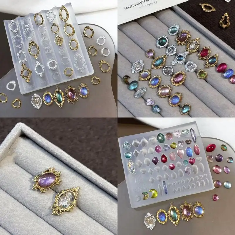 New-1Pcs Retro Picture Frame Gem Baroque Shell Carving 3D Relief Manicure Templates Nail Art Transparent Silicone Nail Mold