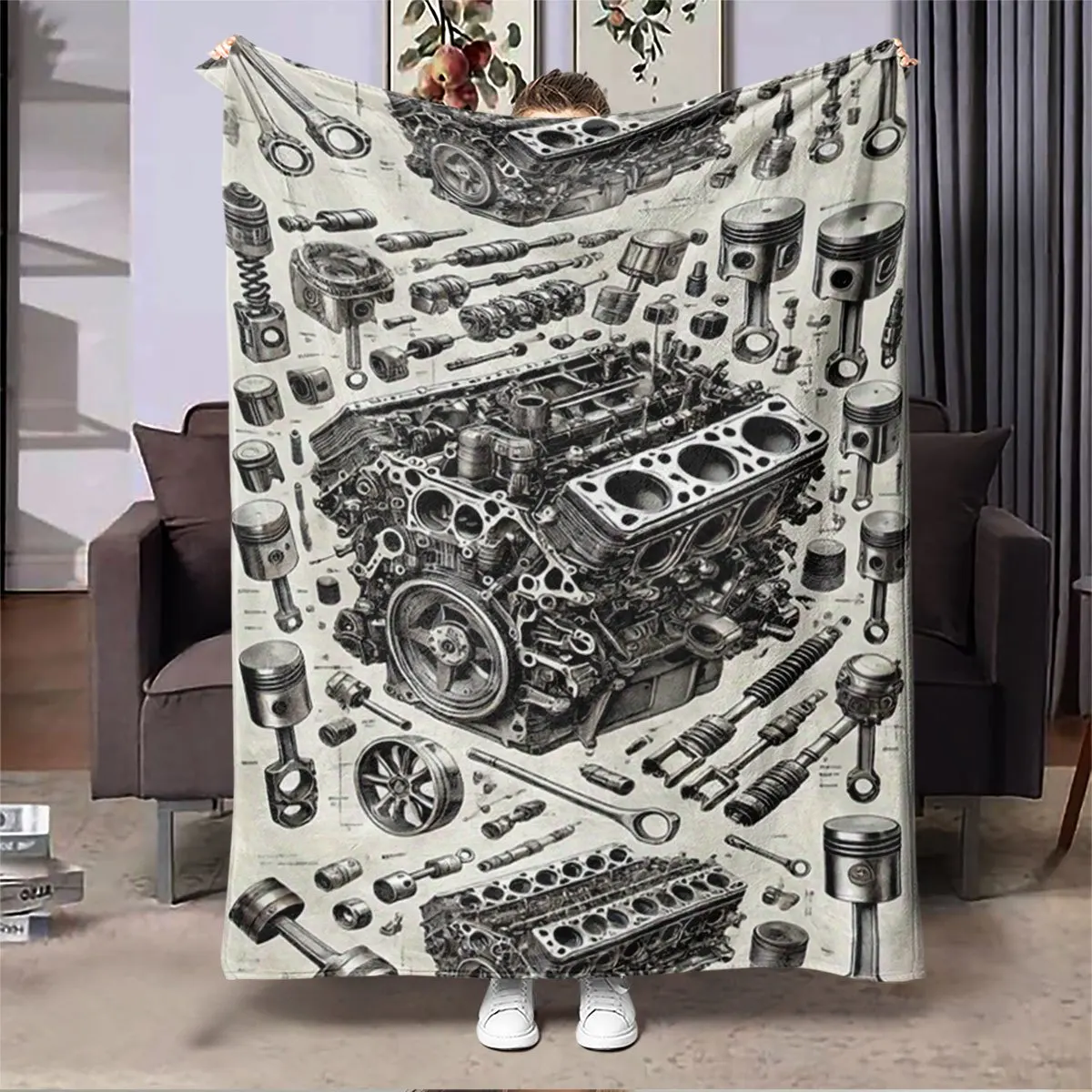 Industrial Engine Diagram Print Throw Blanket for Car Lovers Mechanic Automotive Gift Cozy Home Decor Art Machine Enthusiast