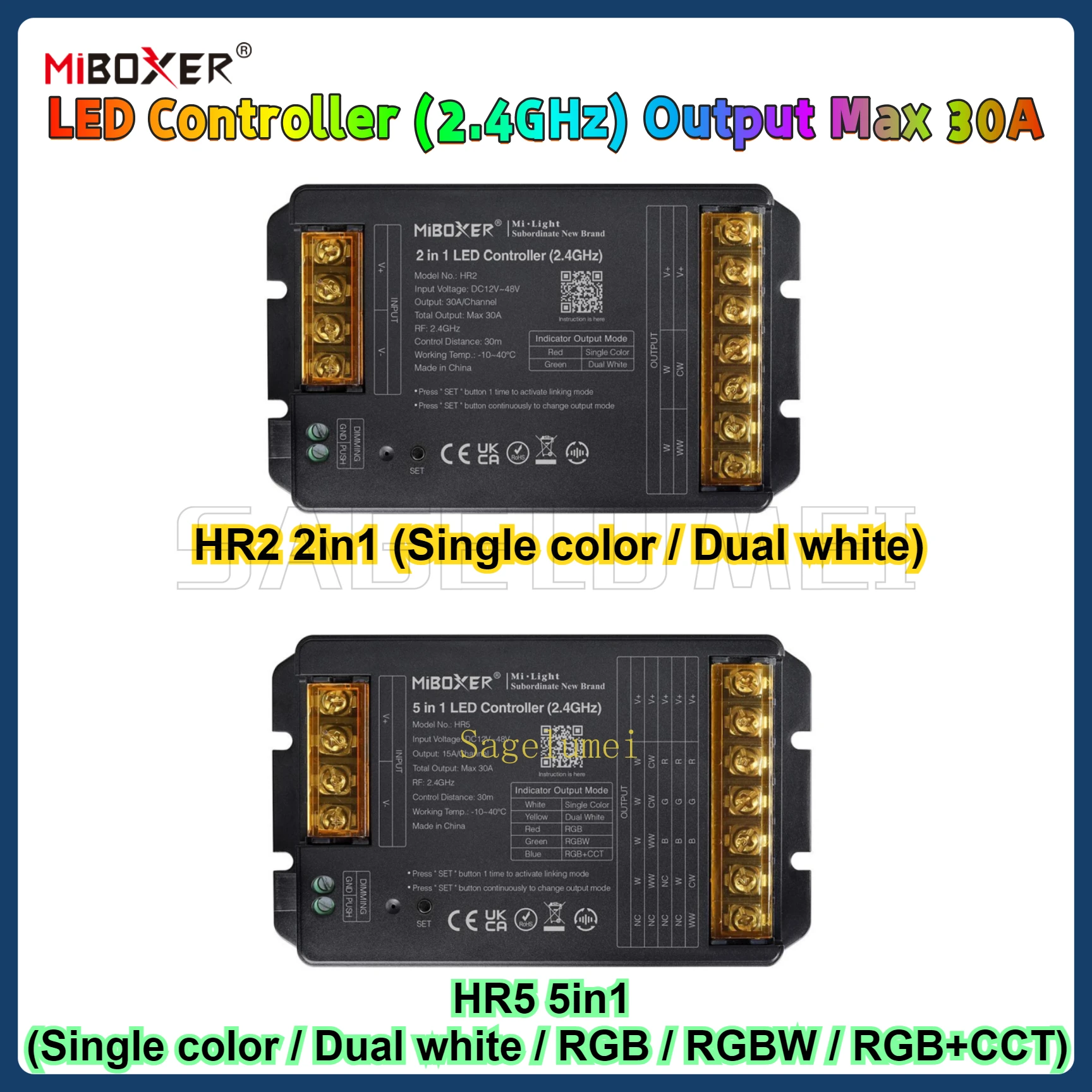 HR2 2IN1 HR5 5IN1 2.4GHz RF LED Controller Miboxer Large Current Max 30A For Single Color/Dual White/RGB/RGBW/RGB+CCT Led Strip