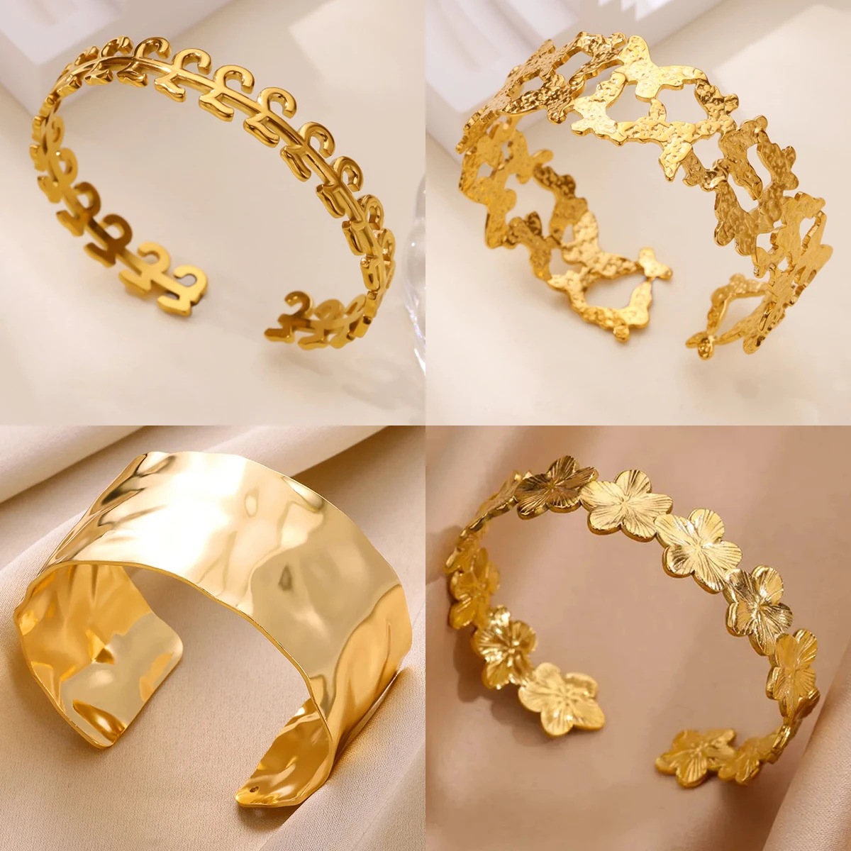 

Classic Texture Flower Butterfly Euro Money Open Bangle Bracelet For Women Exquisite Cuff Bracelet Stainless Steel Hand Jewelry