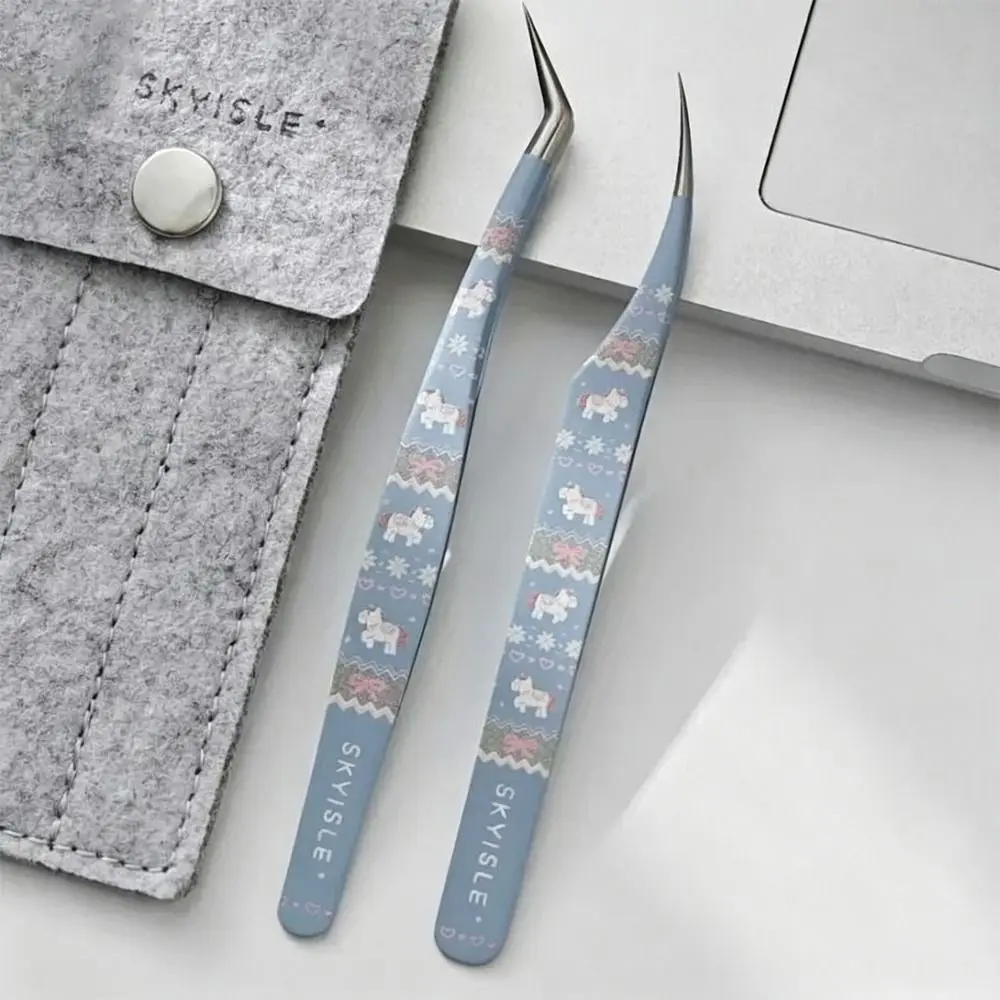 Stainless Steel Curved Stickers Tweezers Anti-static Cartoon Lashes Extension Tweezer High Precision Eyelash Curler