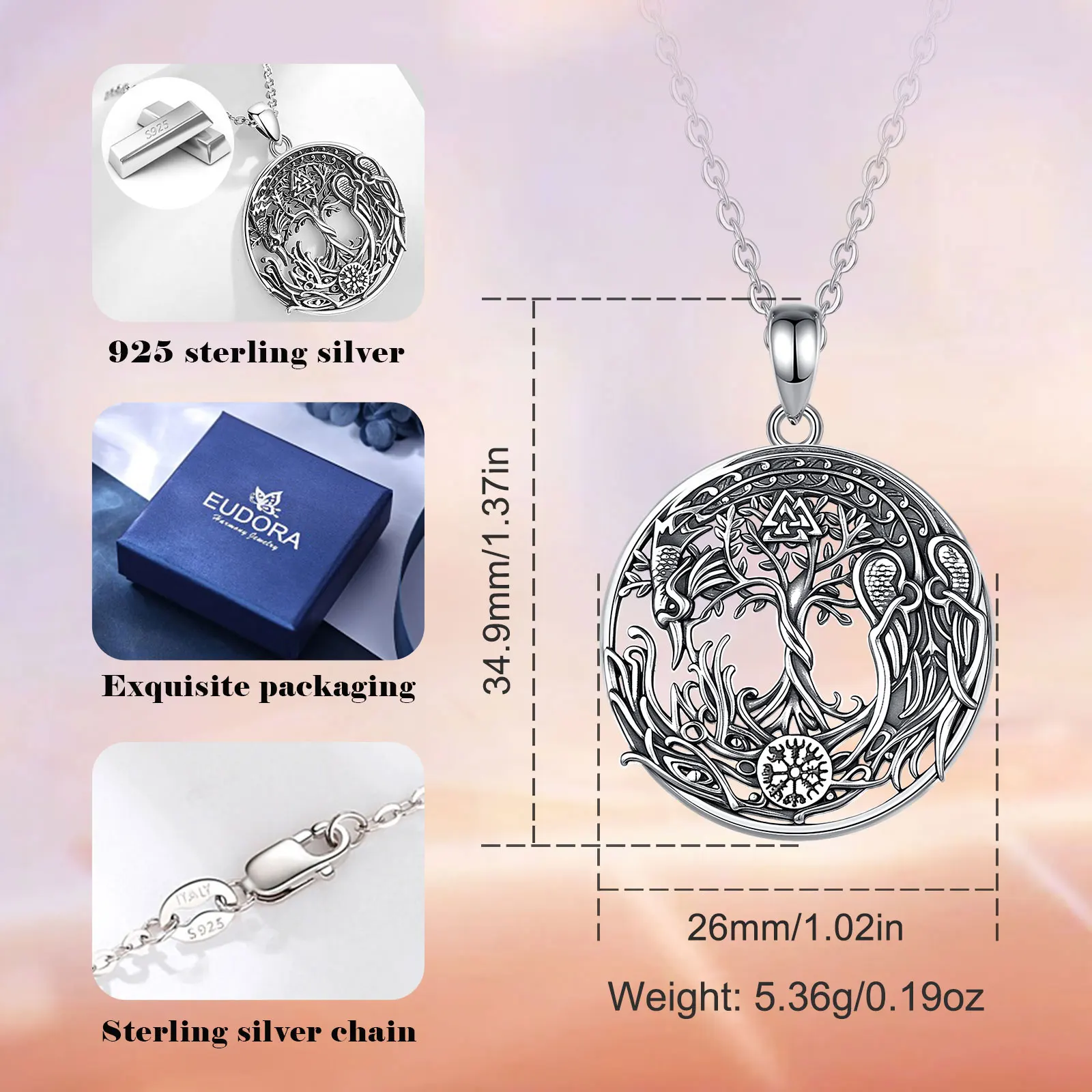 Eudora 925 Sterling Silver Phoenix Necklace Vintage Compass Tree of Life Pendant Viking Amulet Jewelry Party Gift for Women Men