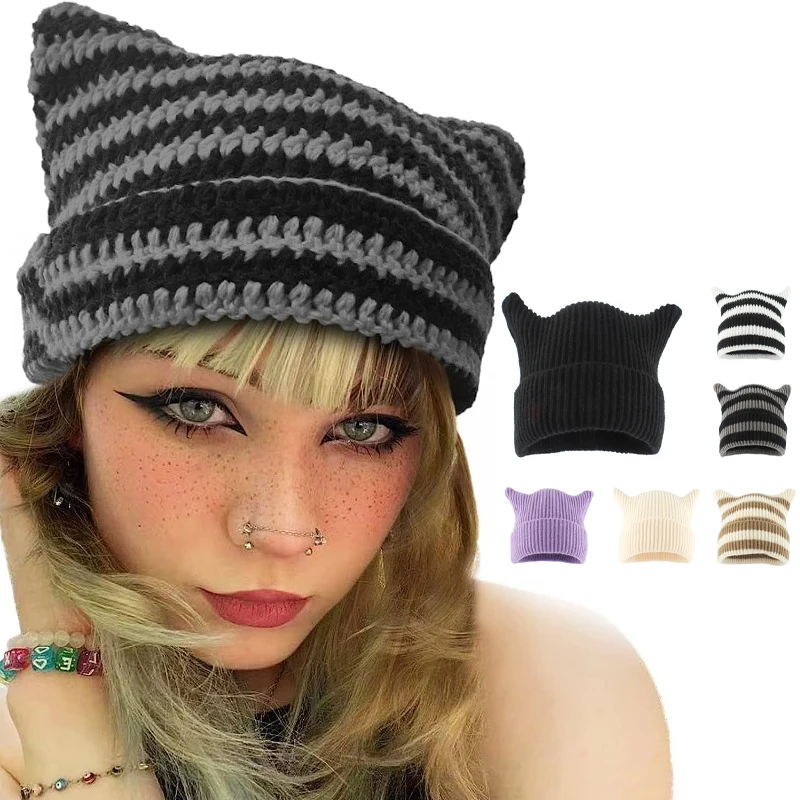 Cat Ear Beanie Crochet Hats Girl Knitted Y2k Warm Loose Fit Handmade Skullies Cap Autumn Winter Soft Little Devil Cute Cap 2025