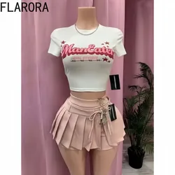 FLARORA Fashion Y2k Letter Printing Two Piece Sets Woman Roud Neck Crop Tops And Mini Pleated Shorts Skirt Outfits Streetwear