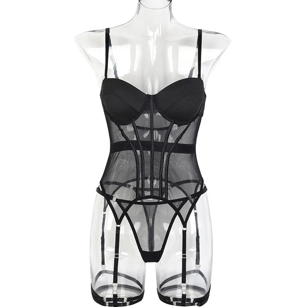 Sexy Lingerie String Ondergoed Set G-string Jarretellegordel Mesh Ultradunne Bh & Korte Sets Doorzichtige Kant Verleiding Nachtkleding