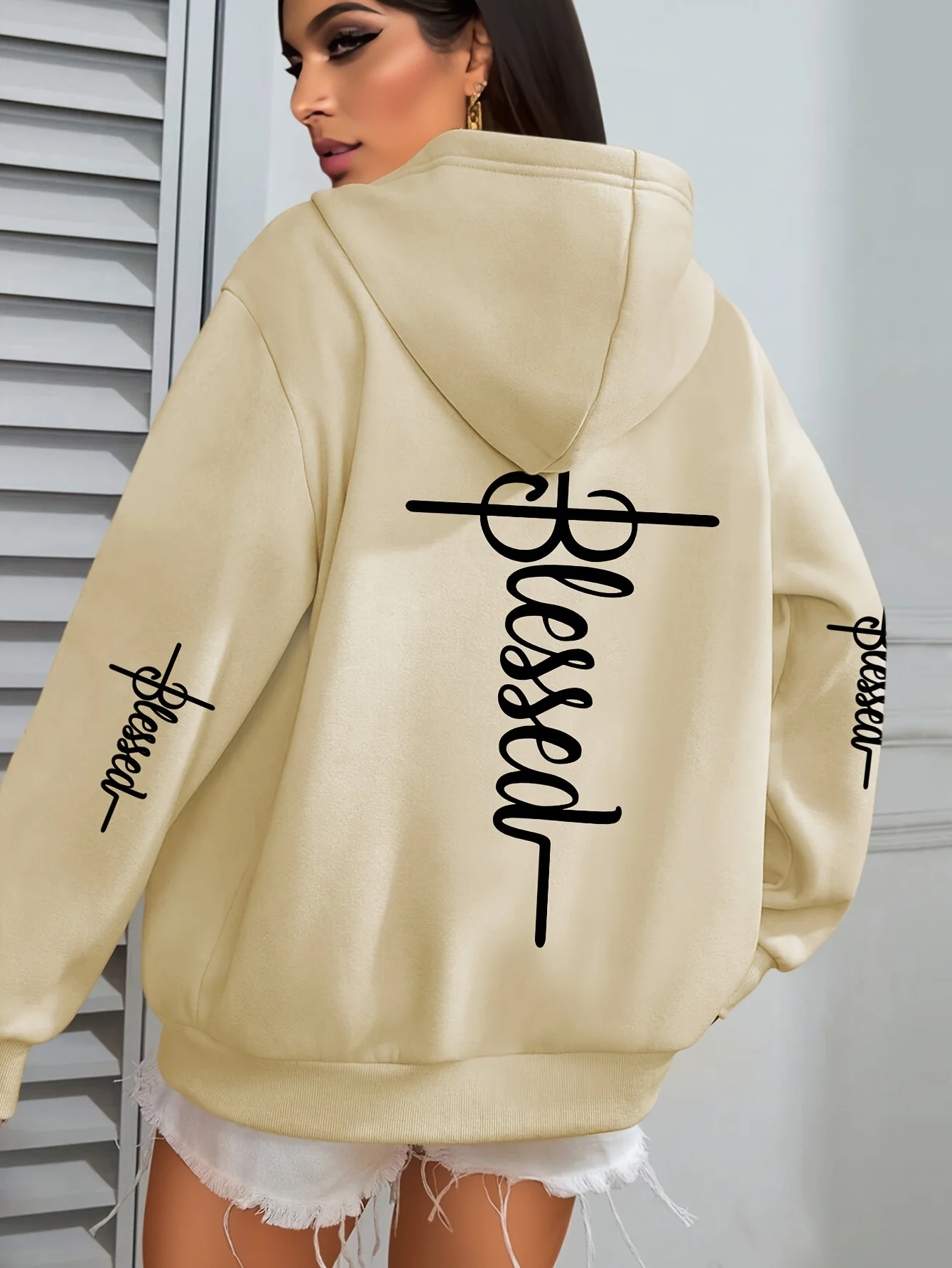 "BLESSED" Faith Print Hoodie Long Sleeve Pullover with Pocket Slight Stretch Fall/Winter Casual Hooded Sweatshirt