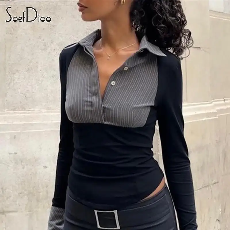 Soefdioo Striped Shirt Style Black T-Shirts Women Casual Long Sleeve Buttons Lapel Slim Tops 2024 Summer Y2K Baddie Streetwear