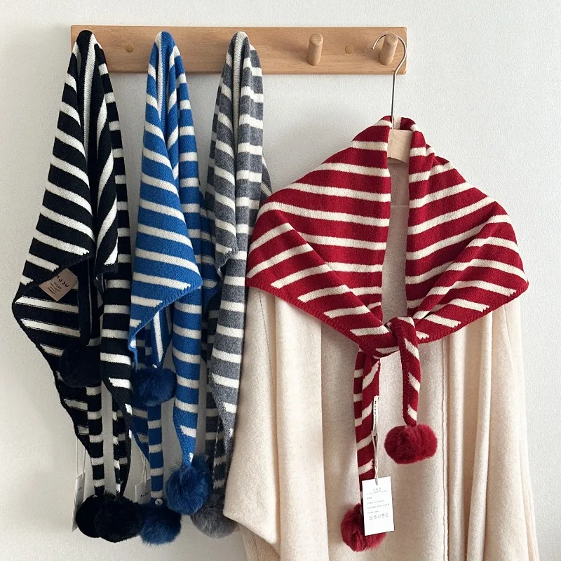 

Japanese and Korean style hand-knitted pom pom 100% wool striped triangle scarf neck warmer versatile knit pure wool shawl