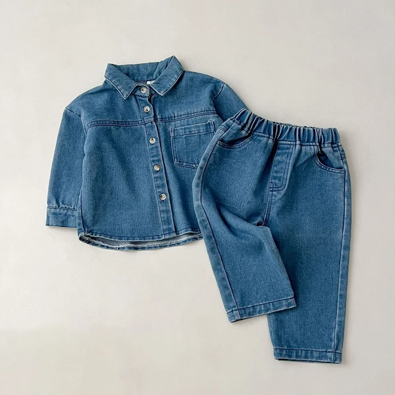 0-6-year-old Spring Children\'s Set New Fashionable Boys denim jacket cardigan long pants set Girls long sleeved top set