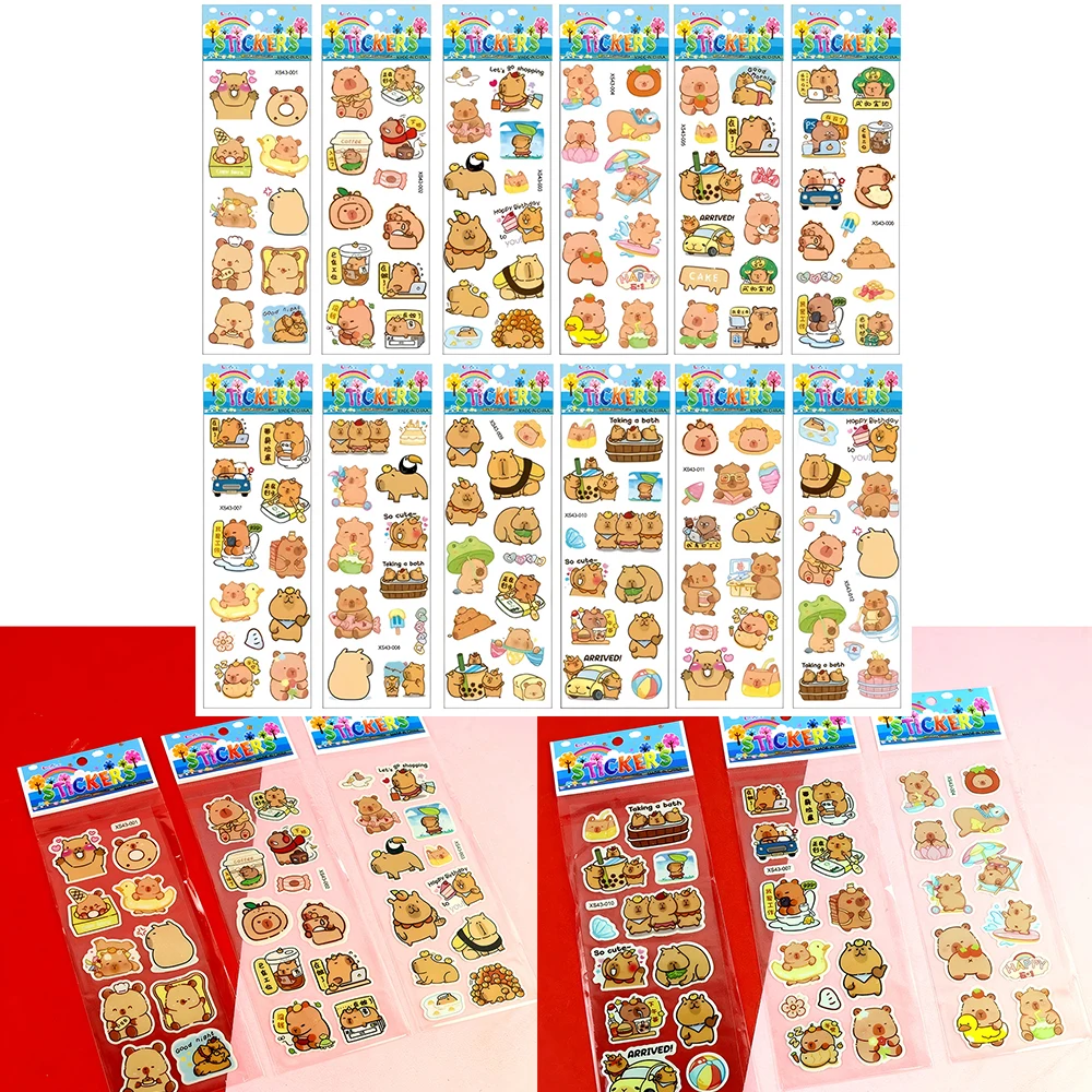

12sheets Cute Funny Capybara Bubble Stickers Cartoon Anime 3D Puffy Decoration Sticker DIY Guitar Notebook Laptop Kid Decals Toy