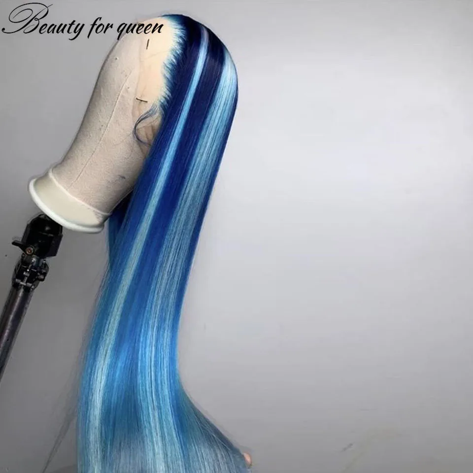 Peluca de cabello humano liso con encaje Frontal para mujer, pelo brasileño Remy, predesplumada, transparente, HD, azul