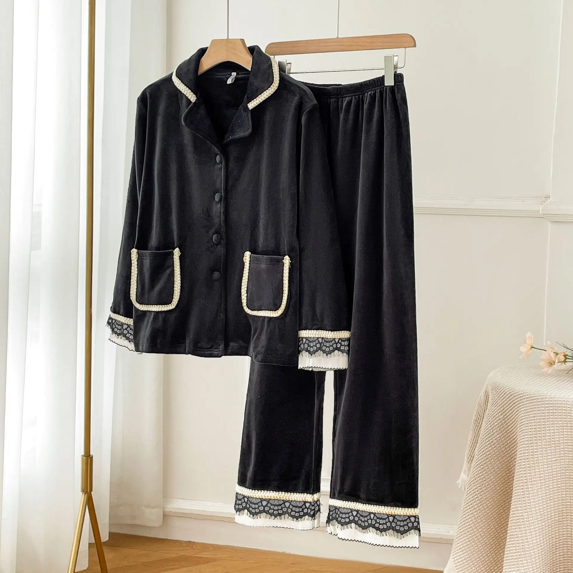 Women Lapel Shirt Pants Pajama Set Island Velvet Homewear Autumn Winter Warm Pijamas Elegant With Pocketed Sleepwear