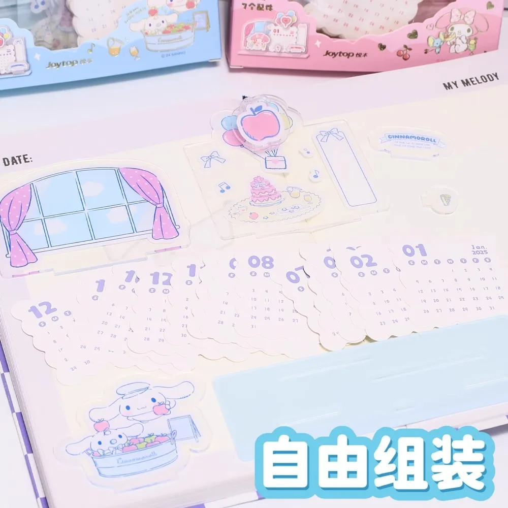 Sanrio calendário 2025 ornamentos de mesa acrílico kawaii kuromi minha melodia cinnamoroll novos notas de check-in placa de mensagem mensal presente