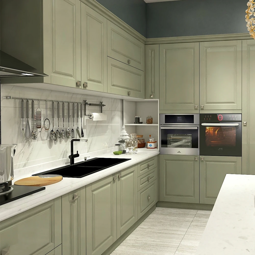 #Wholesale American Country Light Green Kitchen Cabinets, Modular Cream Green Shaker Style Kitchen