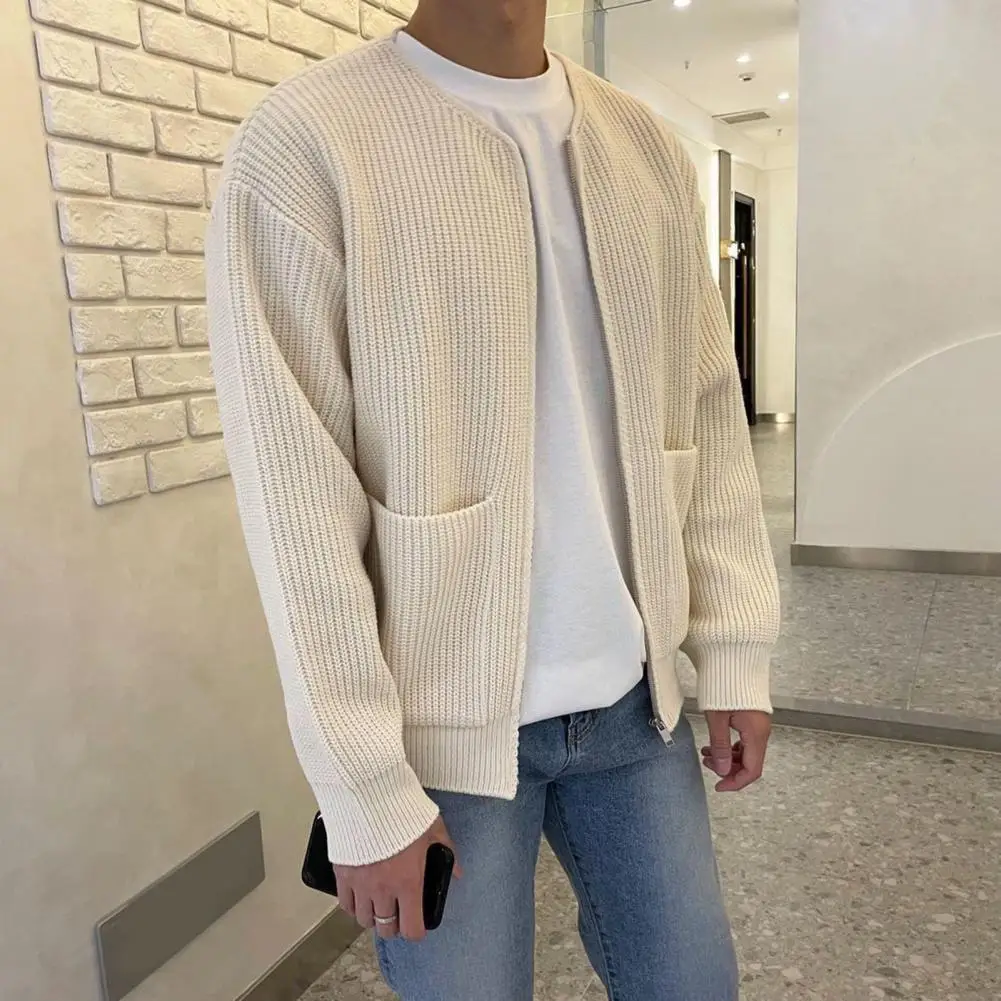 

Solid Color Men Jacket Stylish Men's Zip-up Cardigan Sweater with Pockets for Autumn Winter Solid Color Knitwear Jacket for Men