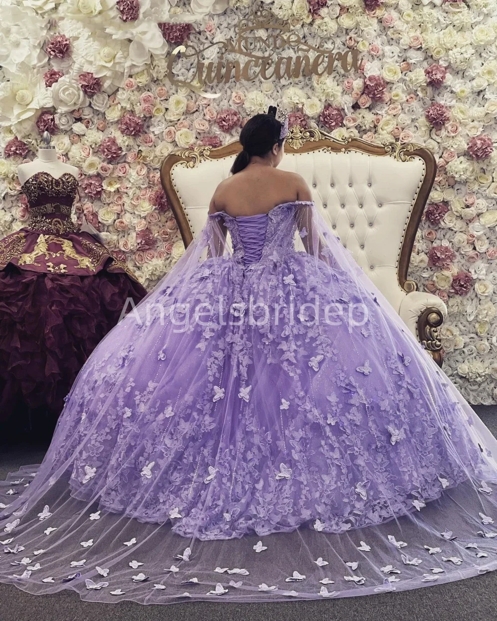 Angelsbride-vestido De baile De lavanda para quinceañera, vestido De fiesta De cumpleaños, tul brillante con capa, Vestidos De graduación De 15 años