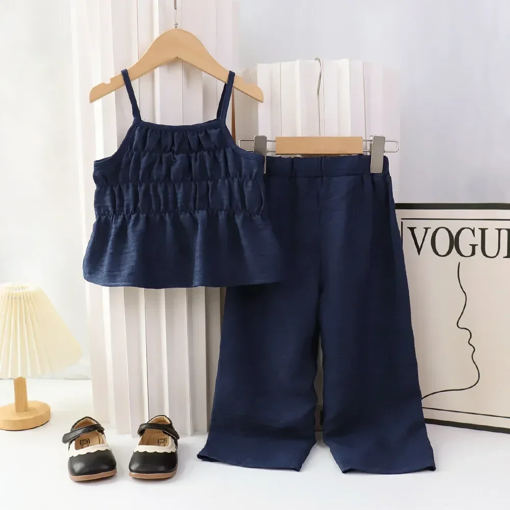 Summer Girl Suit Solid Color Halter Top Wide Leg Pants 2 Clothes 3-7 Years Old Japanese and South Korean Style Casual Wear