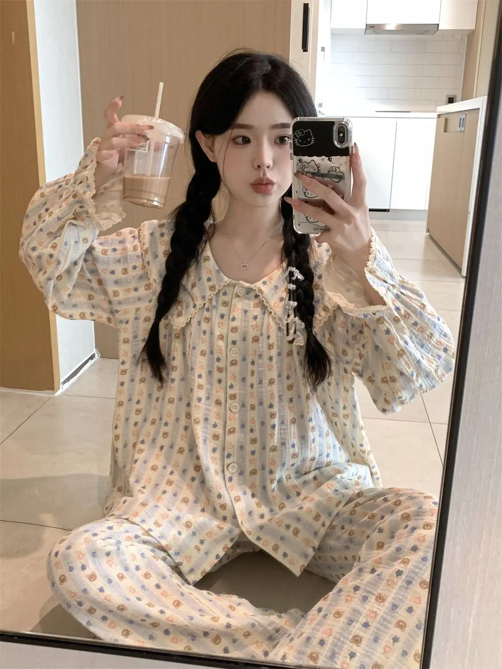 

Sweet Edged Princess Style Long Sleeve Sleepwear Set for Women Casual Cloud Cotton Home Clothes Suitable for Outdoor Wear