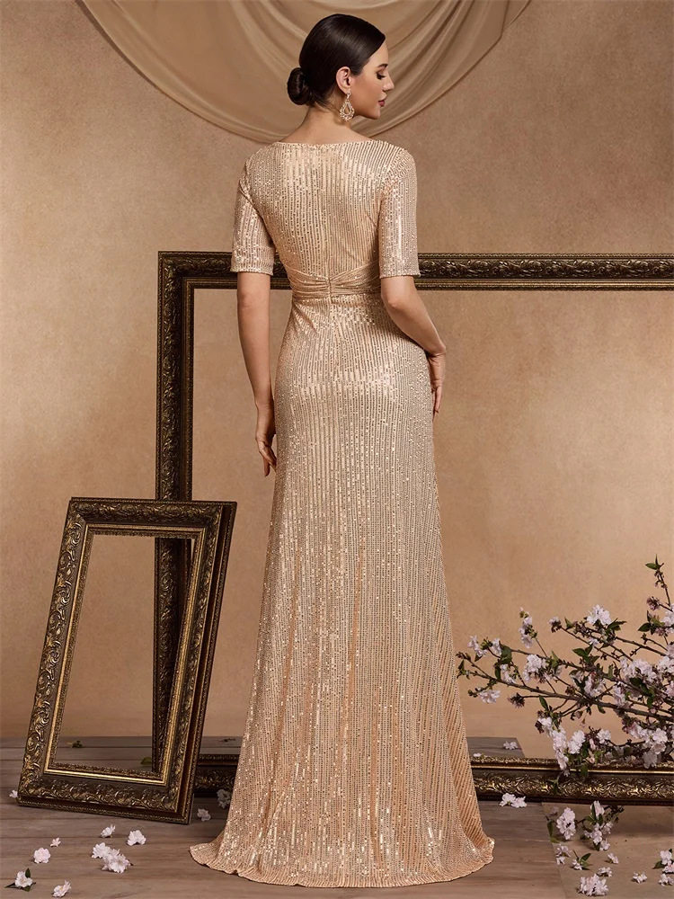 Luxury Floor Length V-Neck Evening Dress 2025 Women Elegant Party Maxi Sequin Short Sleeves Prom Cocktail Graduation Dress