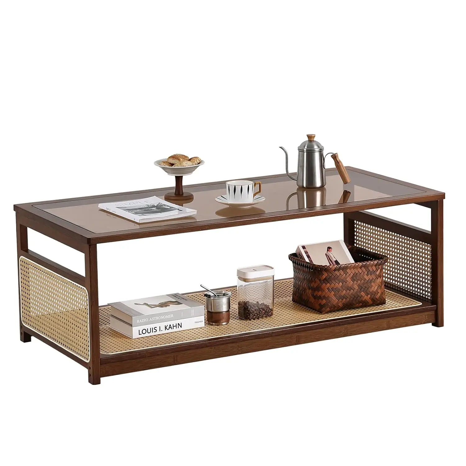 

Coffee Table for Living Room, Modern 2-Tier Rectangle Center Table with Storage Shelf and Glass Top,, Customized