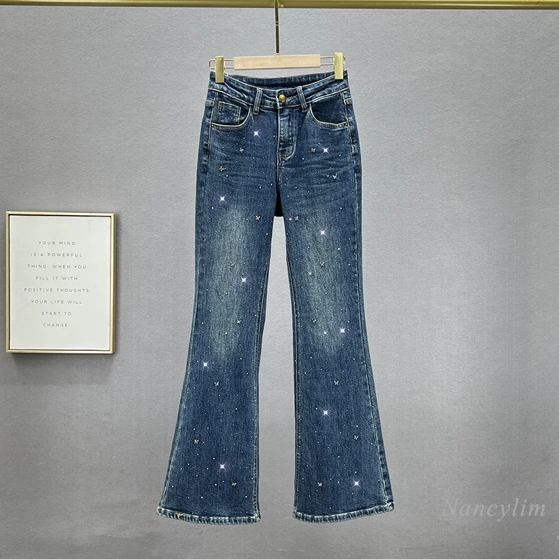 

Wide-footed Denim Flared Pants Women's Spring Autumn New Elastic High-waisted Slim-fitting Hot Diamond Plus Trousers Blue Jeans