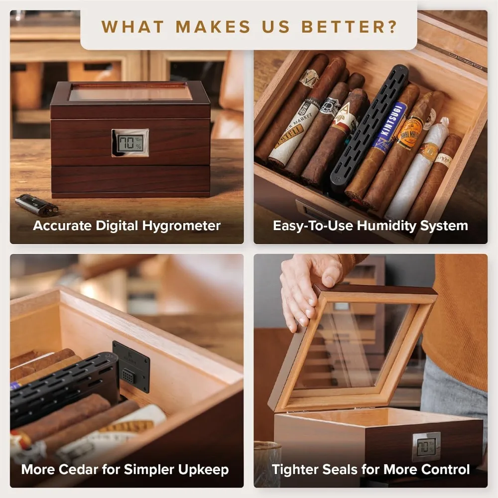 Glass Top Cigar Humidor with Thick Cedar, Easy Humidification System, Accurate Digital Hygrometer - Brown view 4