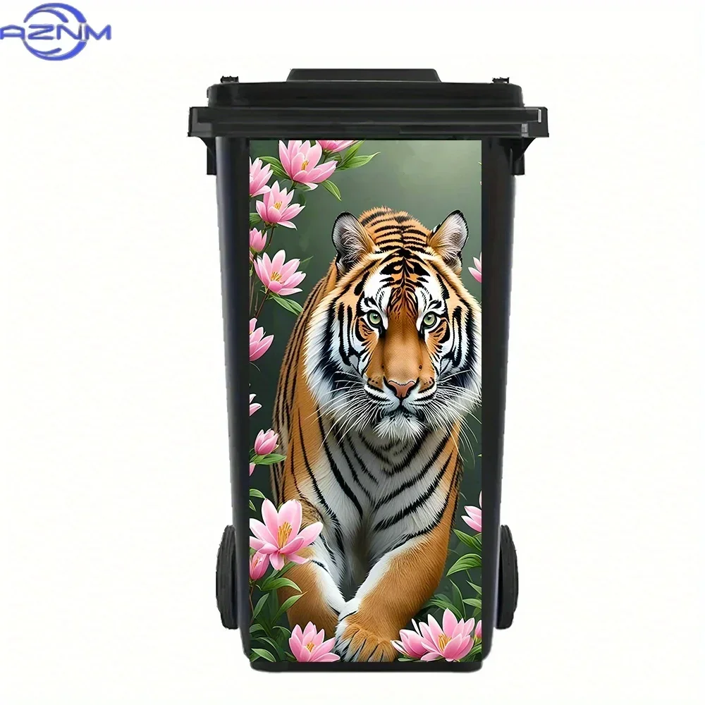 2D 1PC1pc of a PVC Adhesive Sticker Featuring a Tiger Amidst Pink Flowers, Suitable for Waterproof Use, Ideal for Trash Cans A