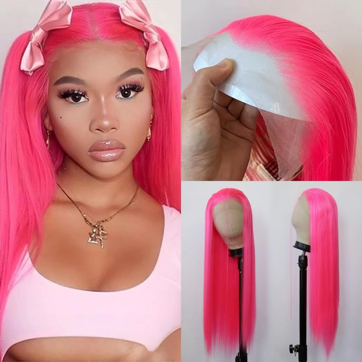 

Розовый синтетический парик с кружевной передней частью 13*4, длинный прямой парик ярко-розового цвета, 28 дюймов, предварительно сформированный, без клея, термостойкий