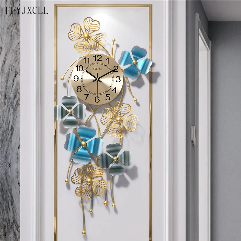 Clover of Four Leaves Light Luxury decor Clock Living Room Household Hanging Clock Cool Fashion Mute Watch Iron Pocket Watch