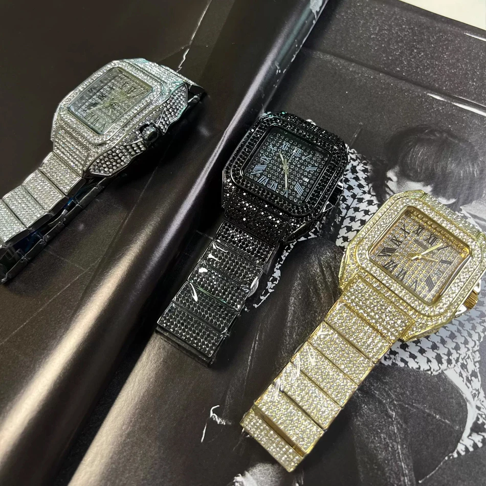 Gold or Black Watch Ice Out Square Wristwatch For Men Top Brand Luxury Full Diamond Mens Watches Waterproof Hip Hop Clock view 5