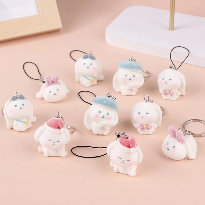 

Flocking Little White Dog Key Chain Cartoon Dog Phone Chain Pendant Earphone Case Anti-Lost Lanyard Bag Decor