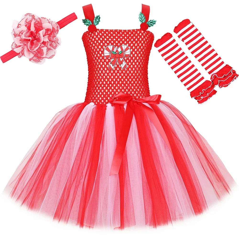 Girls Christmas Dress Red White Christmas Party Candy Cane Costume Kids Toddler Holiday Xmas Party Tulle Tutu Dresses Clothes