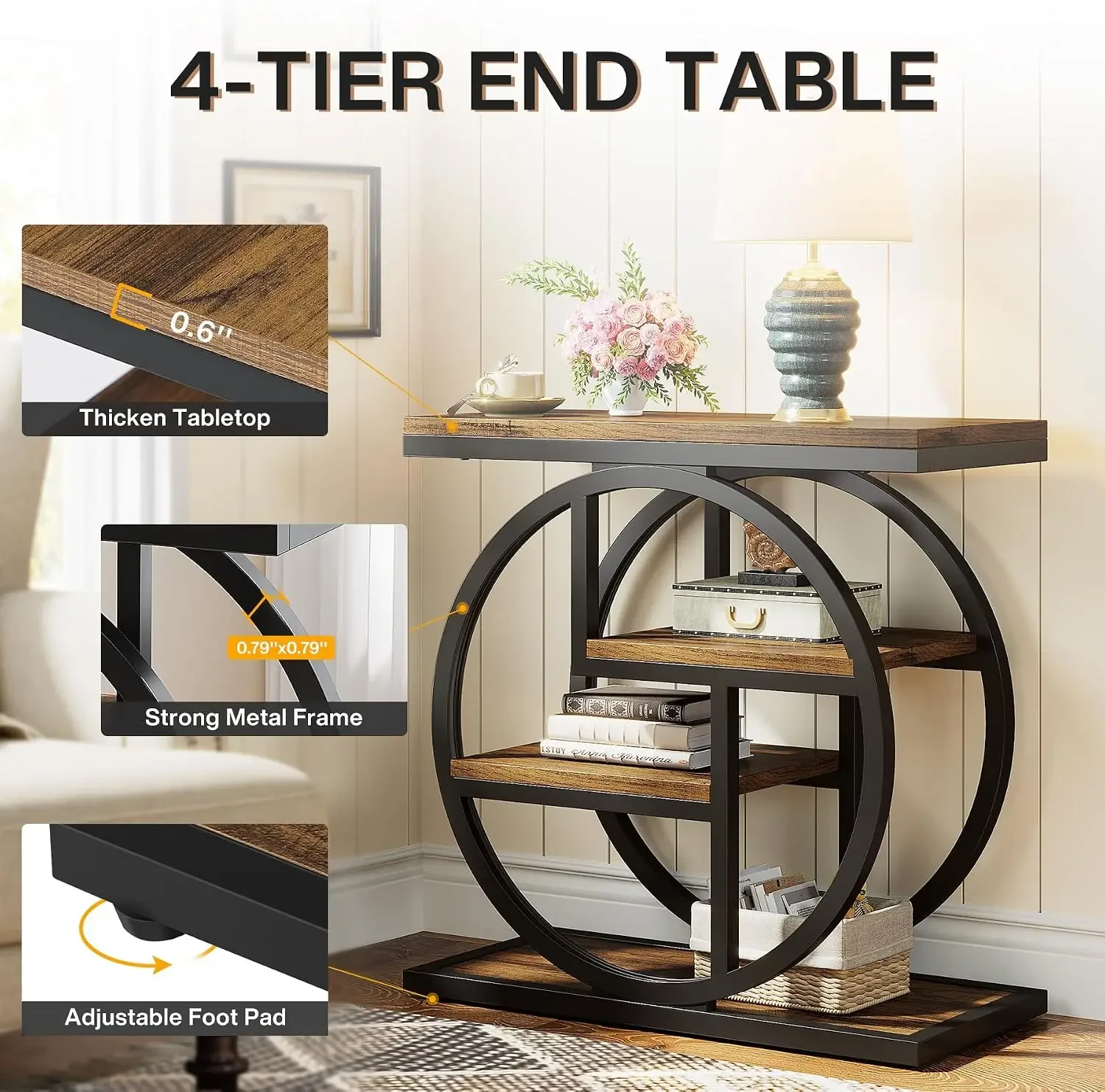 End Table for Living Room, 4-Tier Narrow Side Table with Storage Shelves, Industrial Bedside Table for Bedroom, Wood Small - view 6