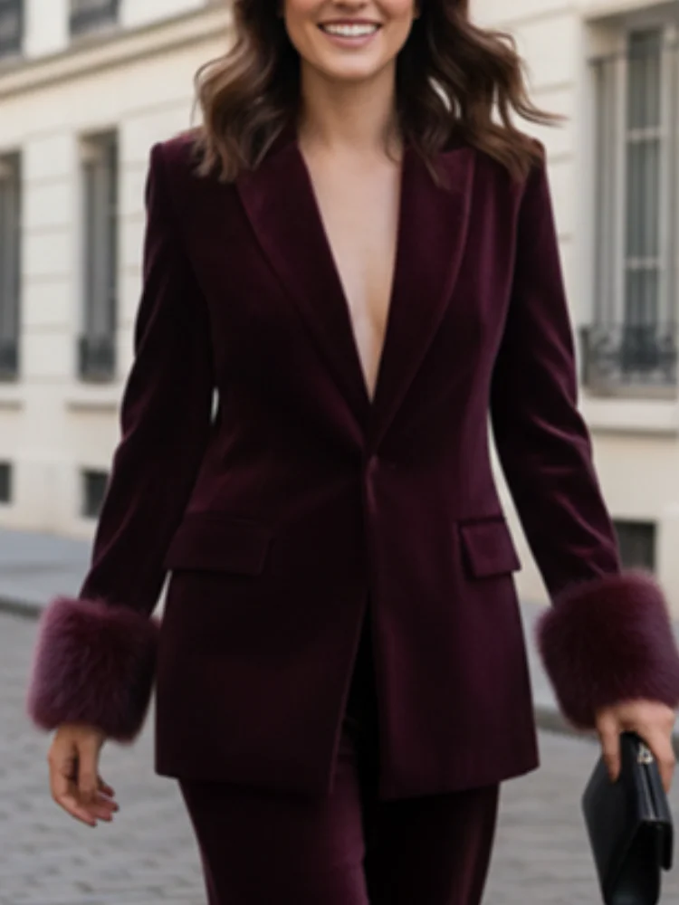 

Women Solid Faux Fur Patchwork Set Lady Elegant Cinched-waist Slim Jacket High Waist Long Pants Sets 2025 Commute Street Outfit